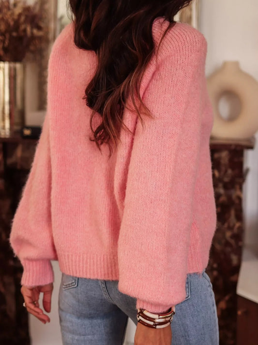 Women’s Dusty Pink Button Detail Sweater – Ribbed Hem Knit Pullover for Fall & Winter