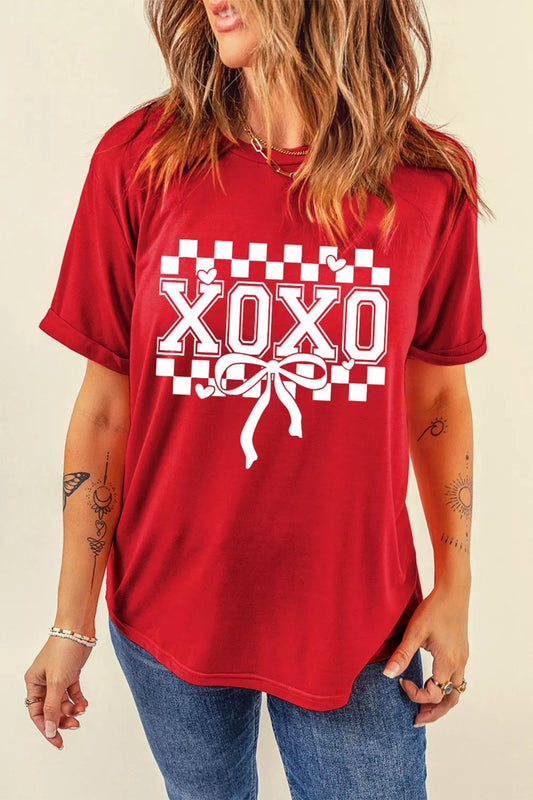 XOXO Checkered Ribbon Bow Print Valentines Day T Shirt