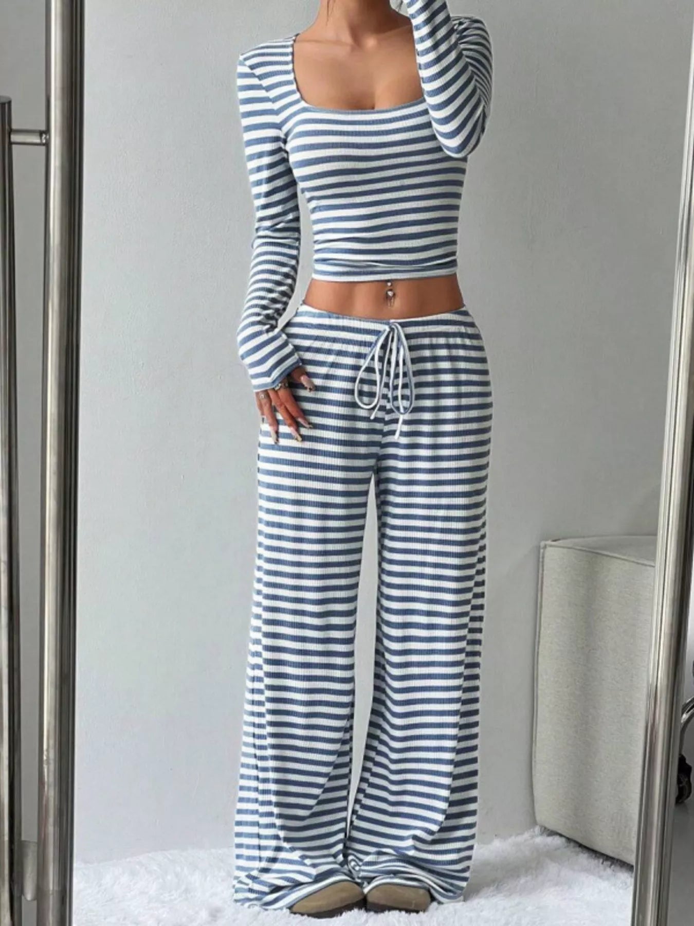 Striped Long Sleeve Crop Top & Wide Leg Pants Set