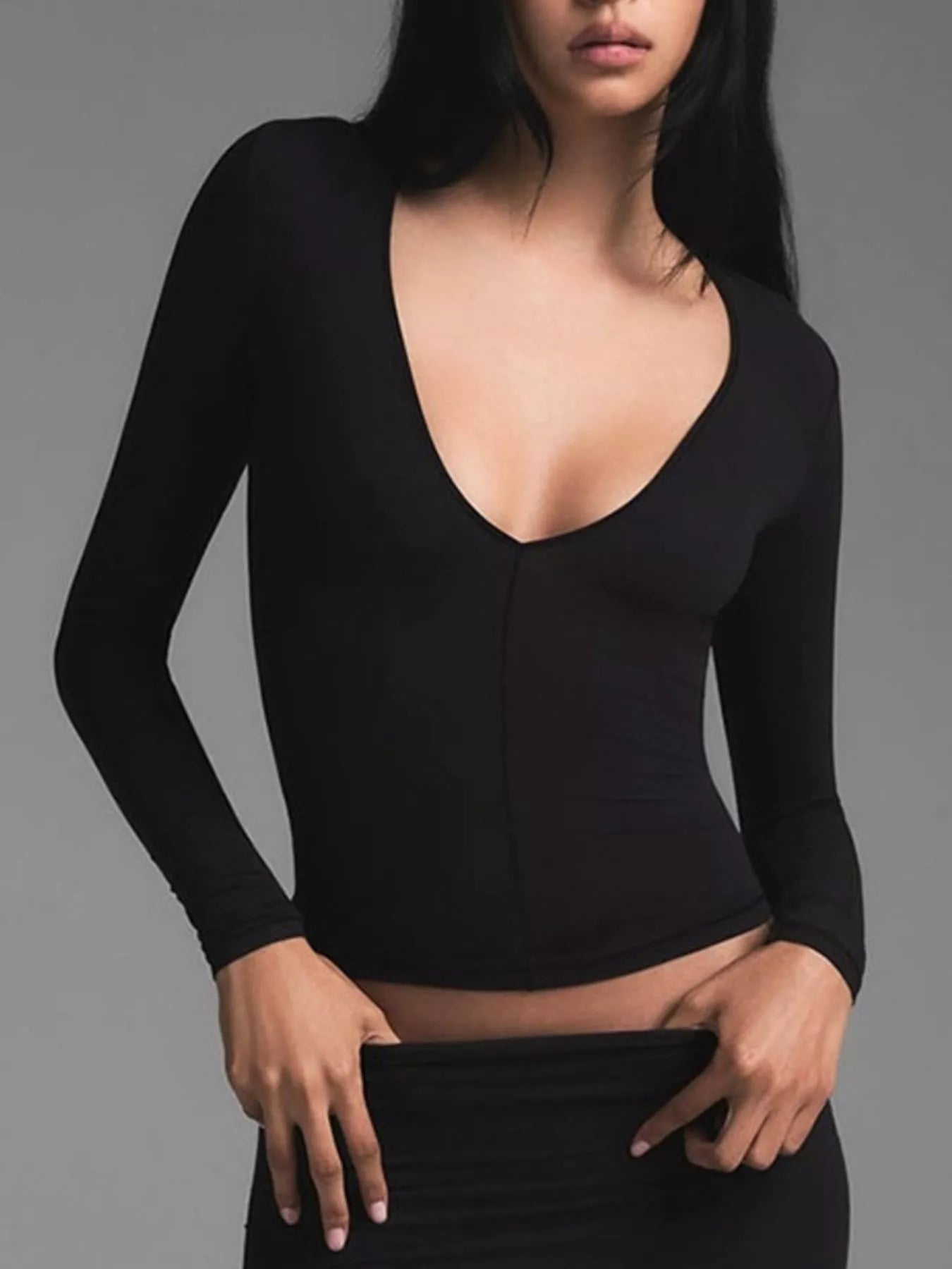 V-Neck Long Sleeve Crop T-Shirt