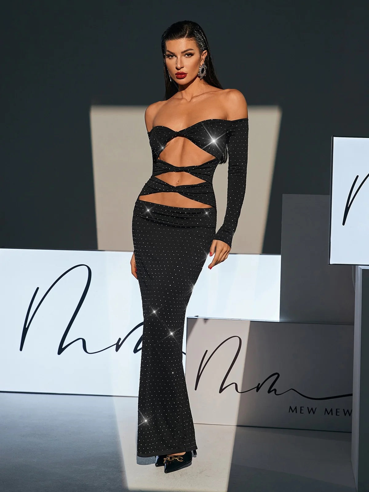 Cutout rhinestone maxi dress