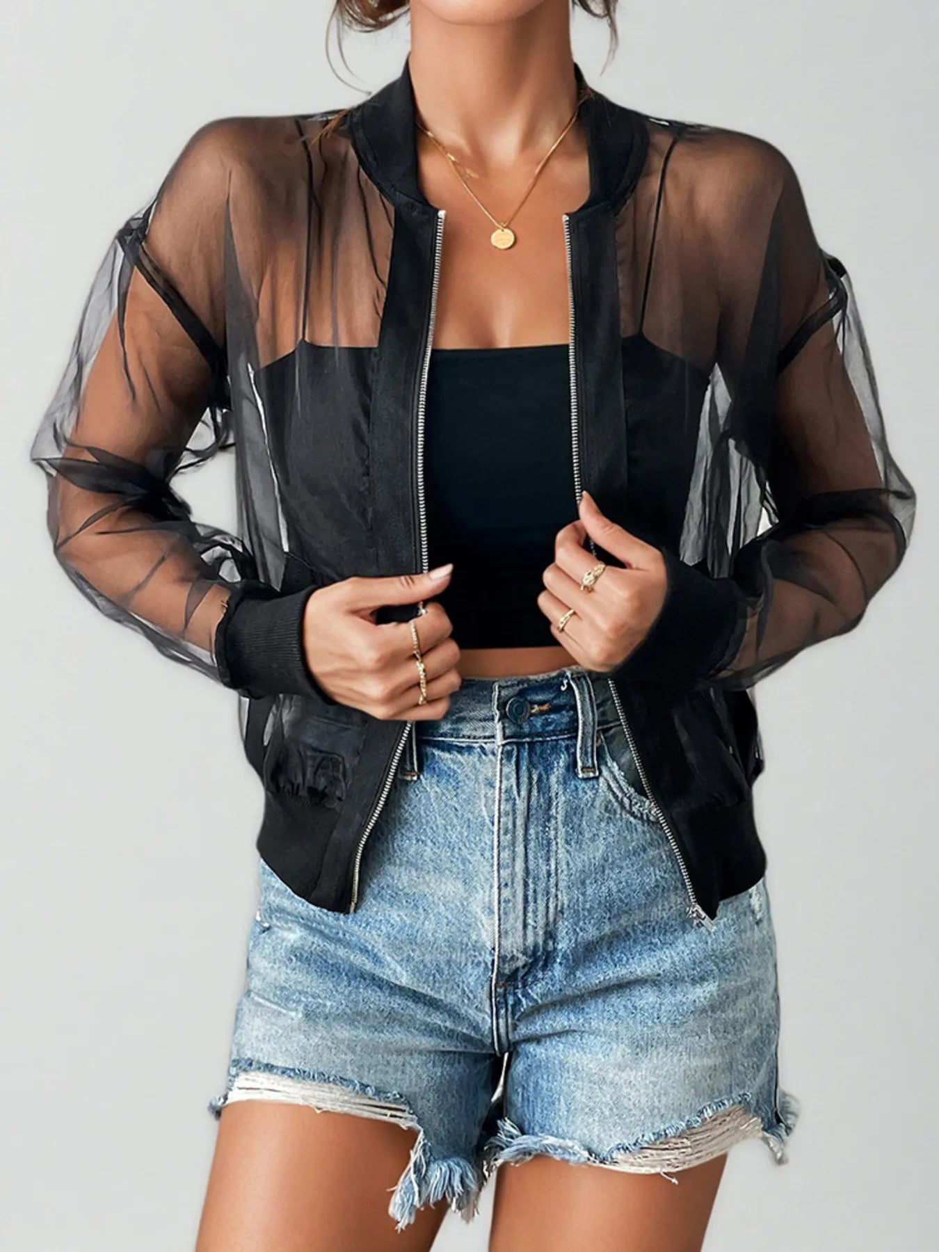 Sheer Mesh Zip Up Jacket