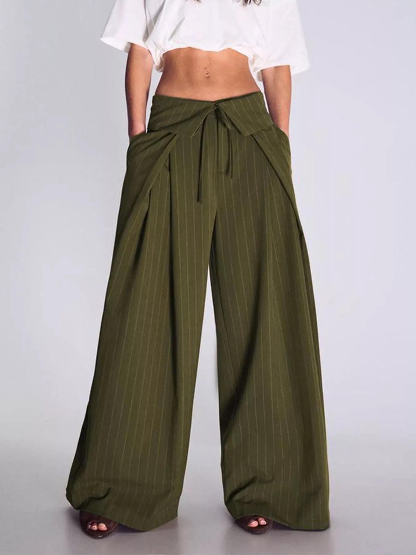 High-Waisted Wide-Leg Pinstripe Pants