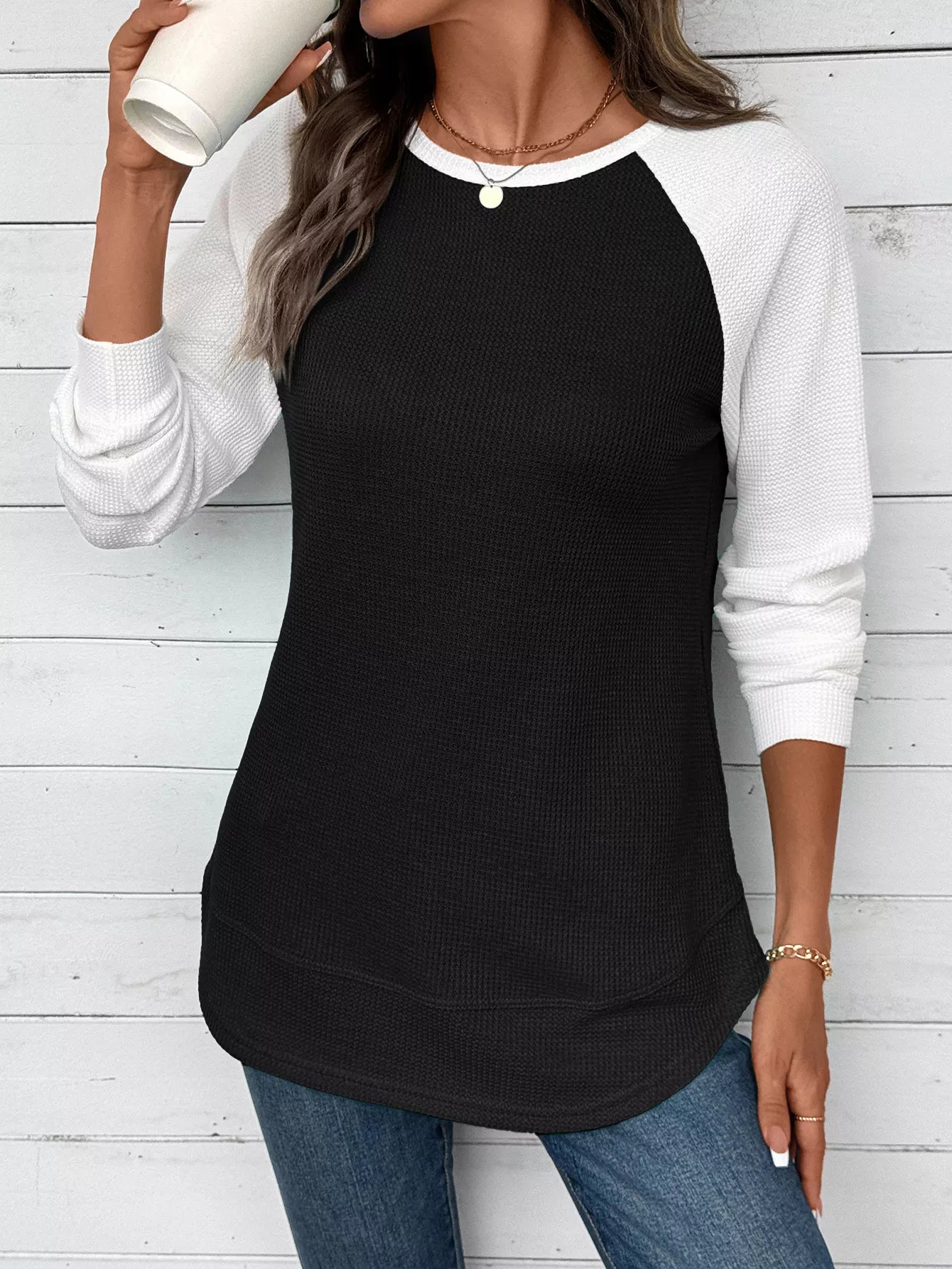 Contrast Raglan Sleeve Waffle Knit T-Shirt