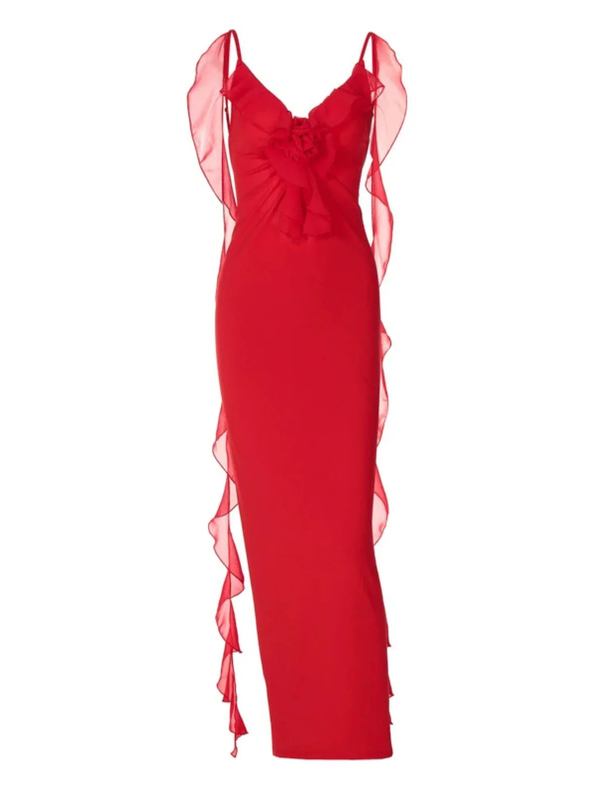 Red flower backless maxi dress