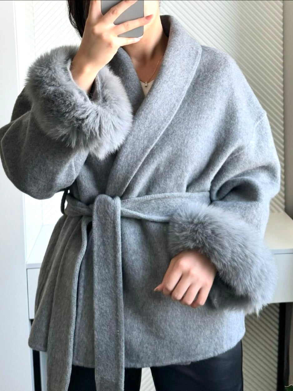 Celine | Belted Coat with Faux Fur Cuffs