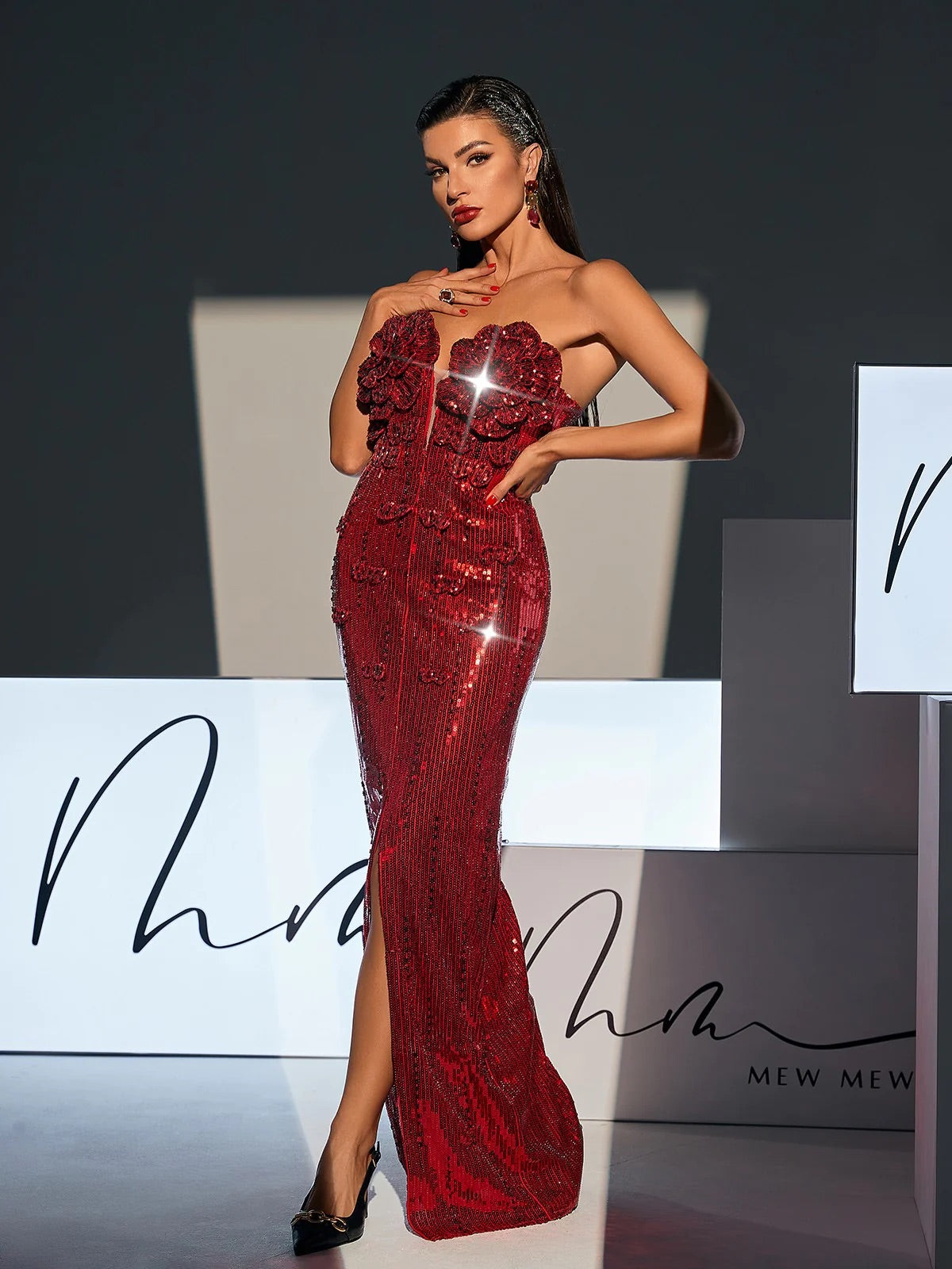 Red Sequin flower maxi dress