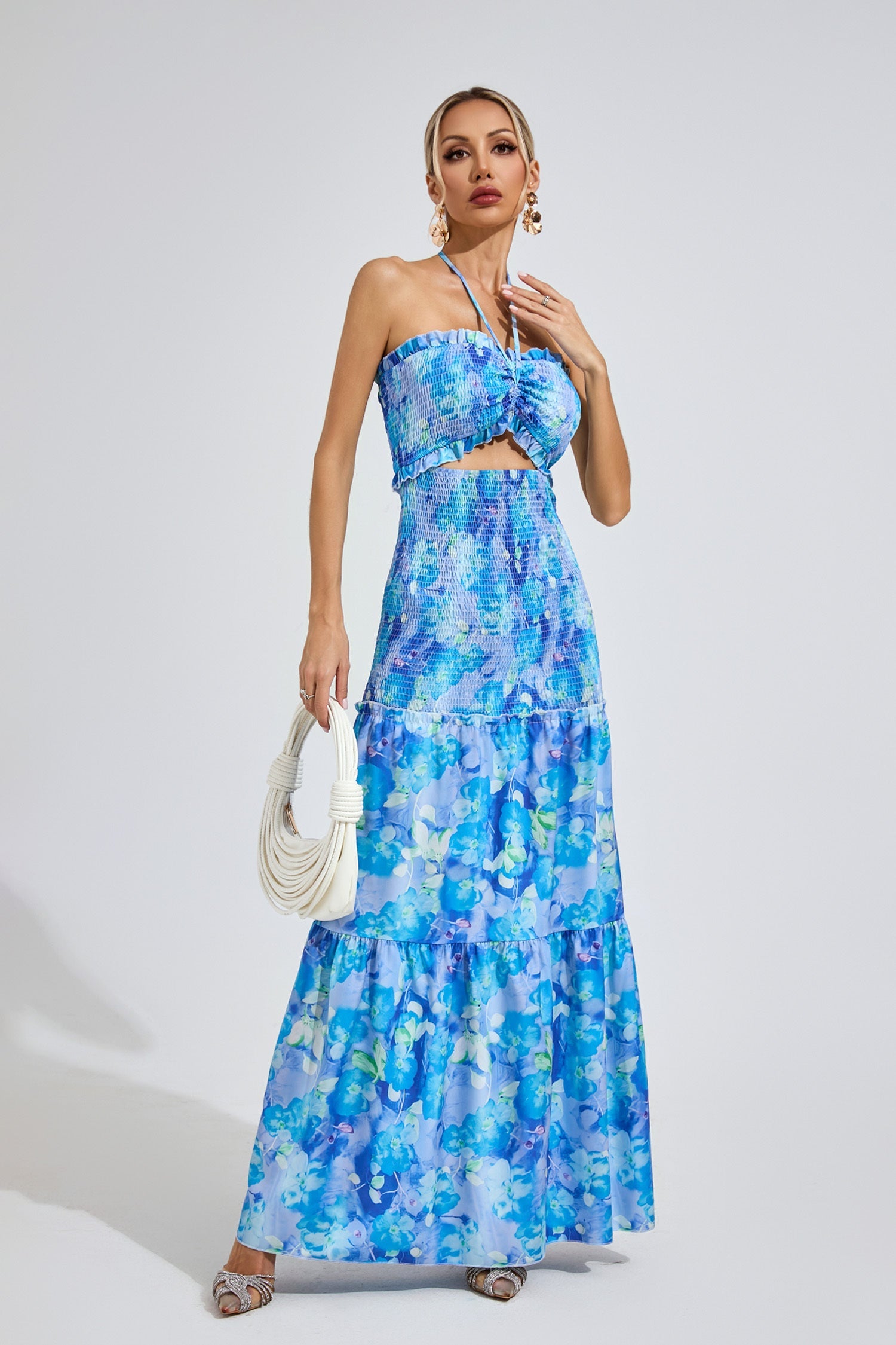 Azure Bloom Smocked Maxi Dress
