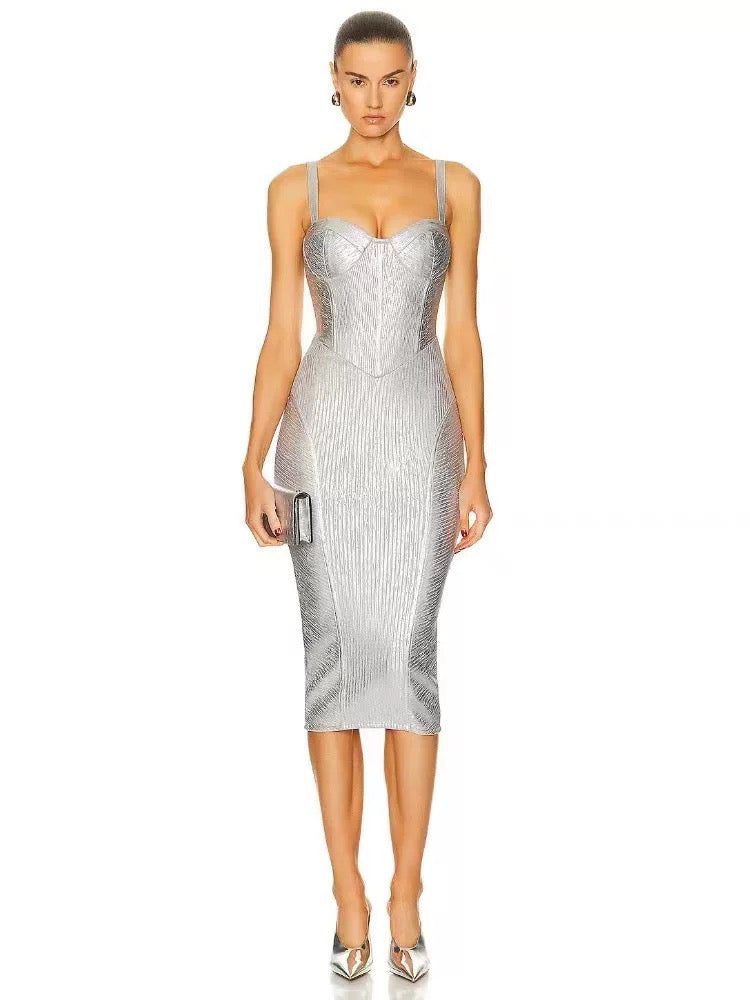 Metallic silver midi dress size S