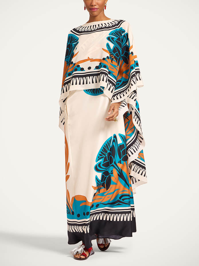 Exquisite Printed One-Shoulder Dress With Detachable Shawl Two-Piece Set Cream