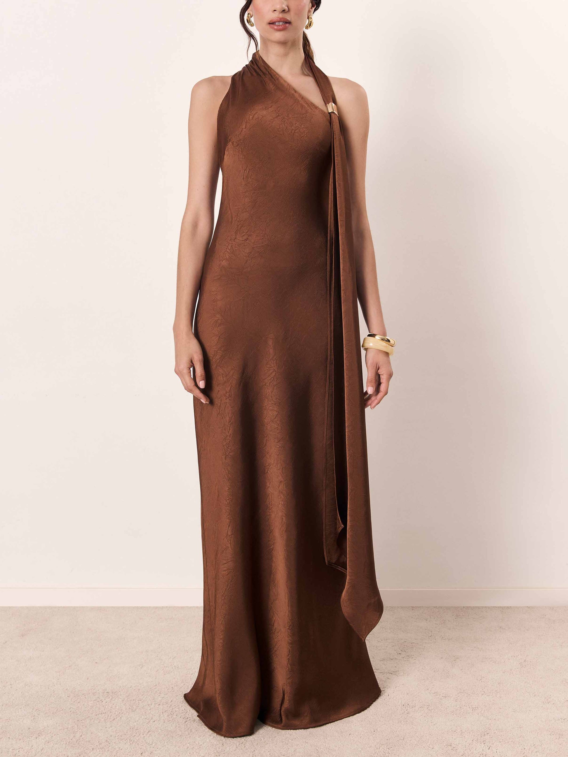 Elegant Bronze One-Shoulder Satin Maxi Dress Brown
