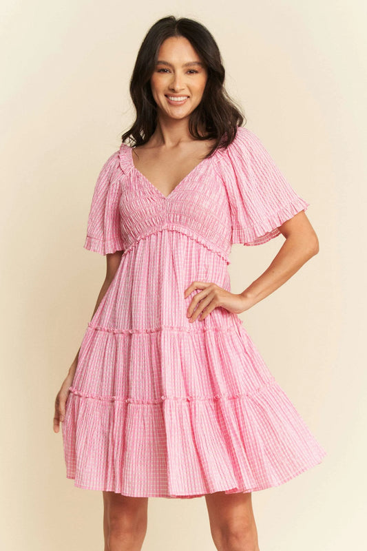 Pink Smocked Checker Tiered Dress