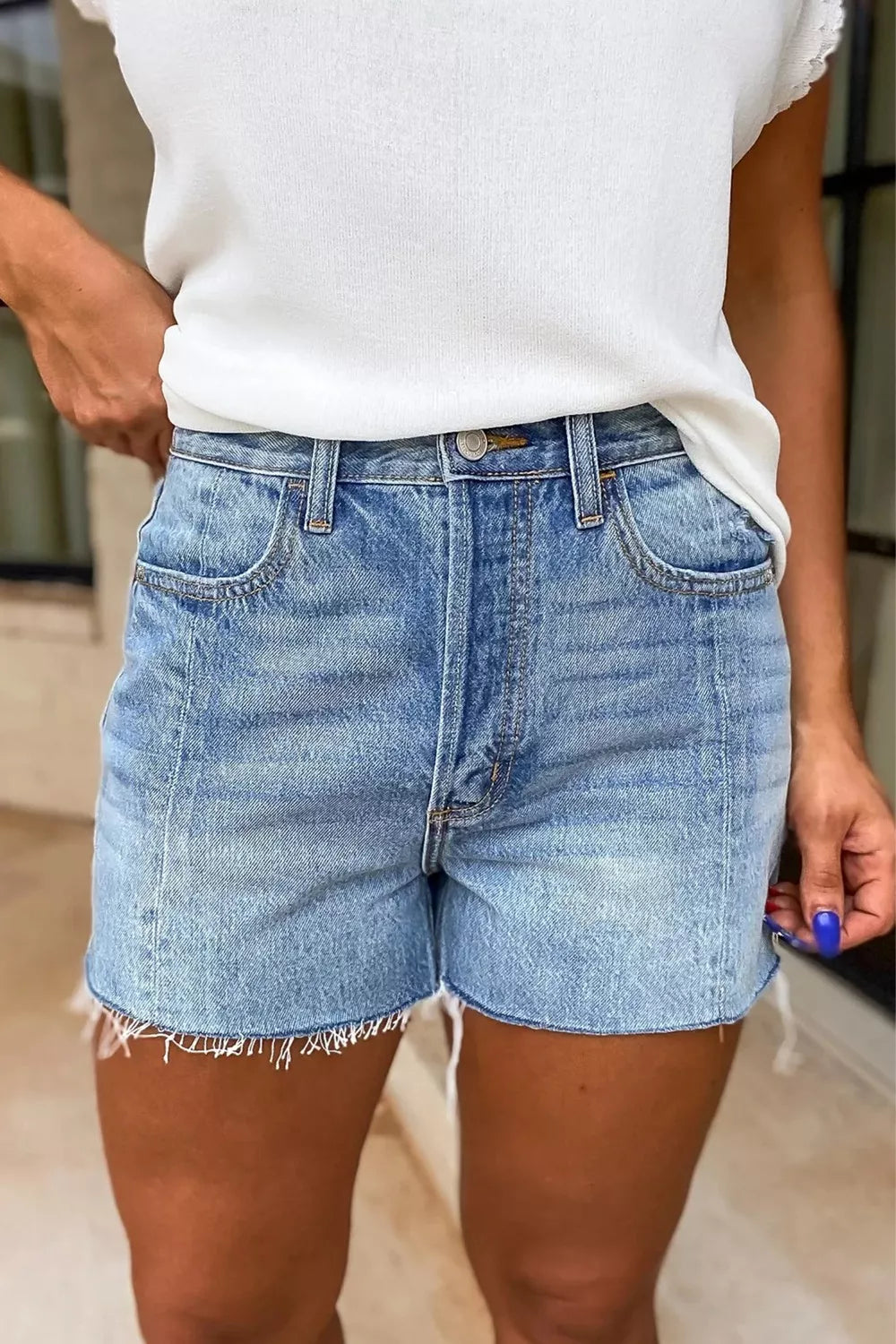 High Waisted Denim Shorts Frayed Hem