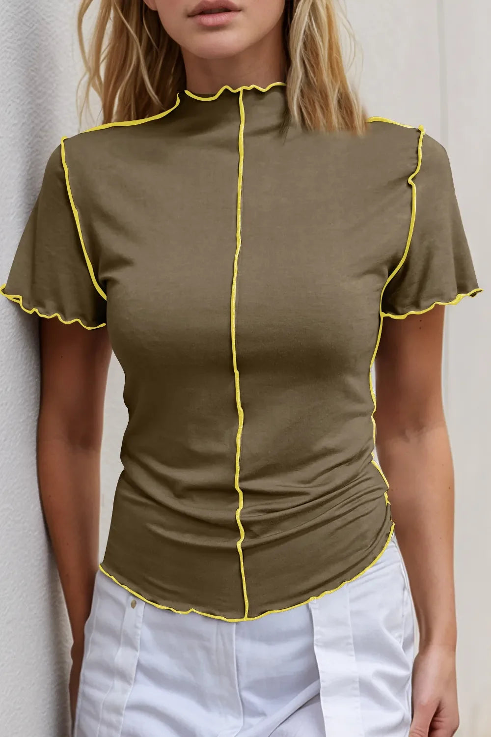 Basic Bae Mock Neck Wave Edge Contrast Stitching Ruffle Short Sleeve Tee Taupe