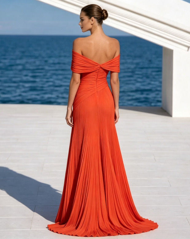 Off Shoulder Pleated Slit Maxi Evening Gown