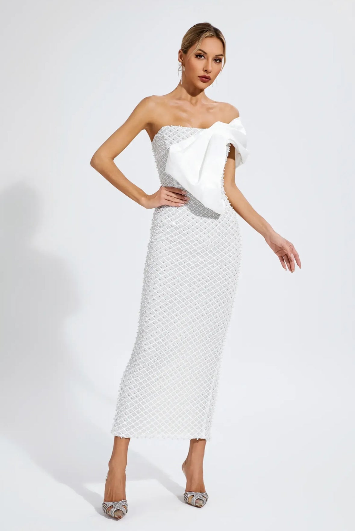 Pearls one shoulder maxi dress