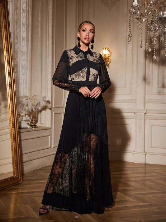 Lace Panel Pleated Shirt Dress
