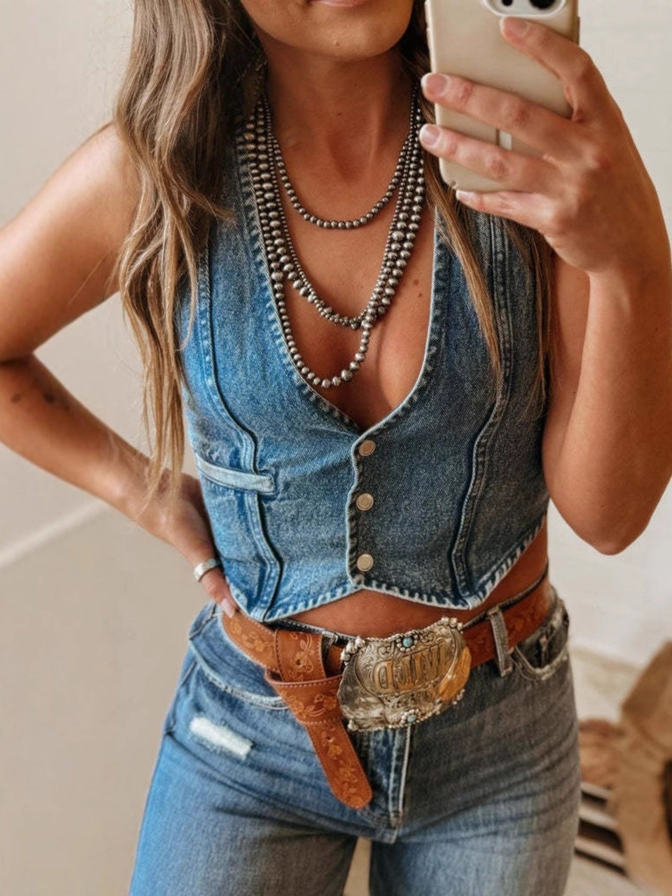 Vintage Western Wash Denim Vest Top Medium