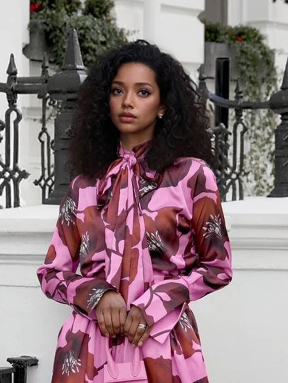 Unique Floral Print Tie-Front Loose Shirt Pink