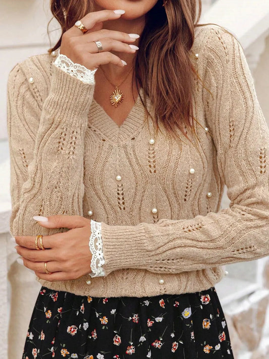 Pearl Beaded Sweater – Pointelle Knit, Lace Patchwork Sleeves