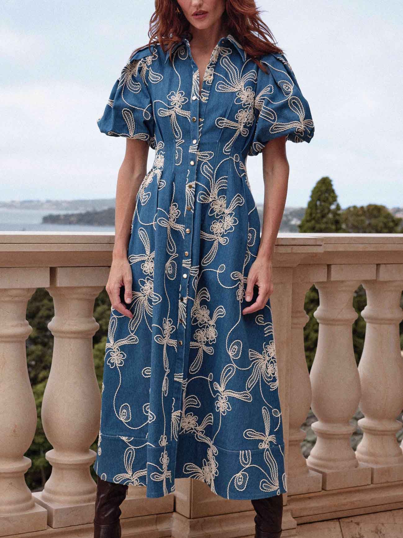 Elegant Denim Jacquard Waist Midi Dress Blue