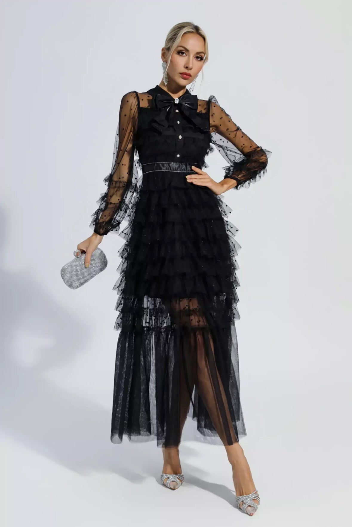 Black polka dot mesh maxi dress