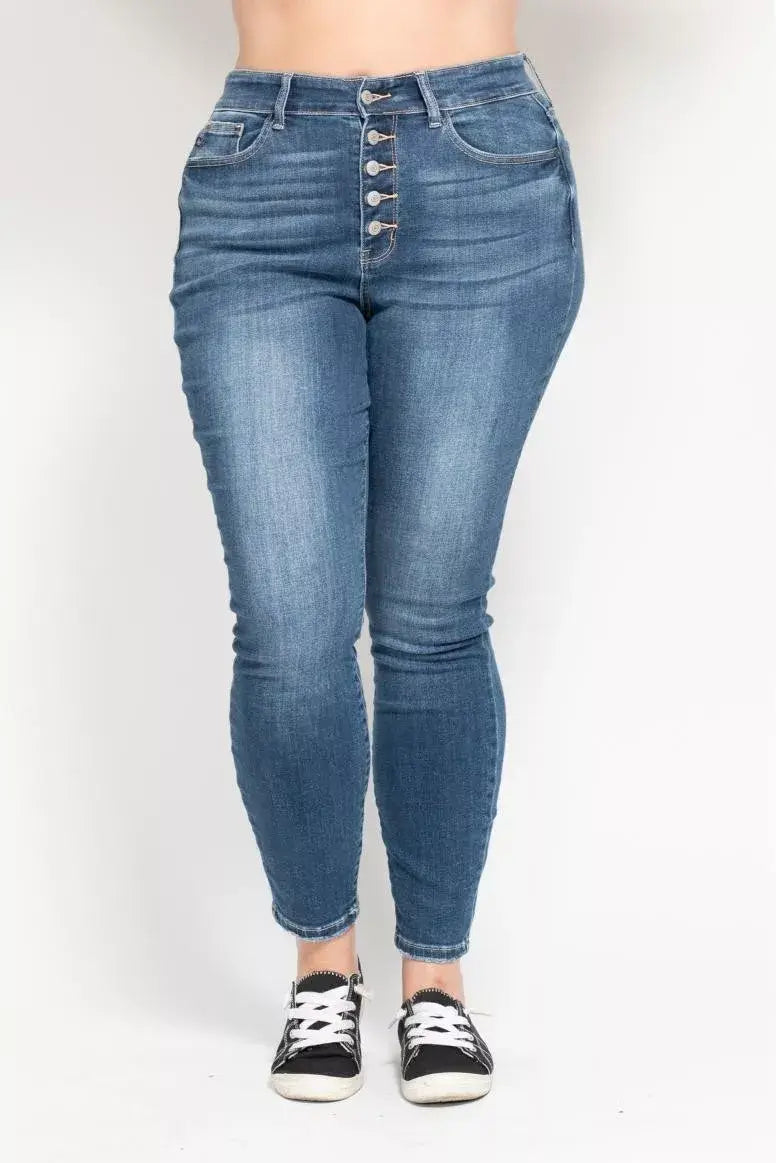 Dusty Dark Blue Full Size High Rise Button Fly Skinny Jeans Plus Size