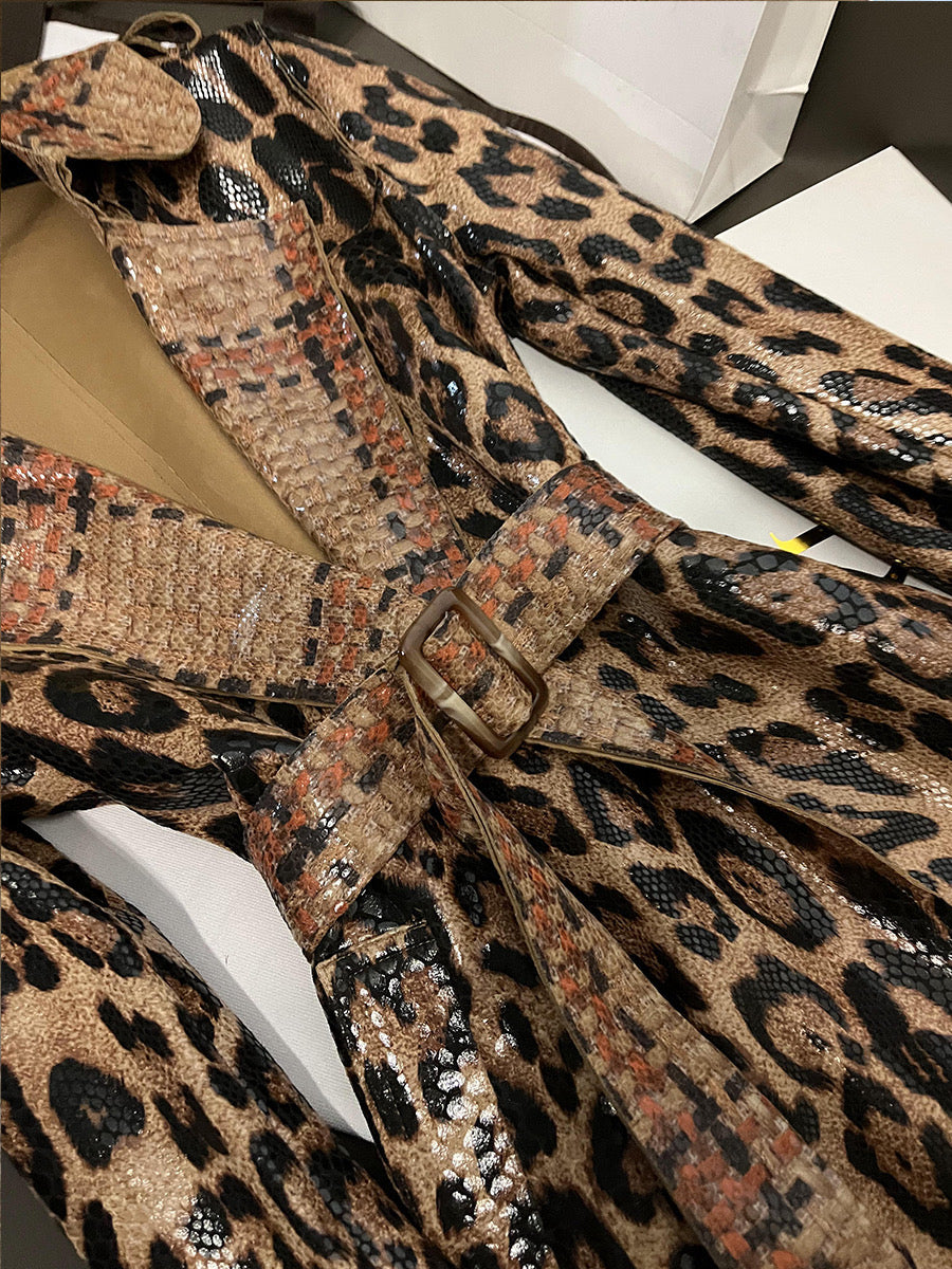 Leopard leather long coat