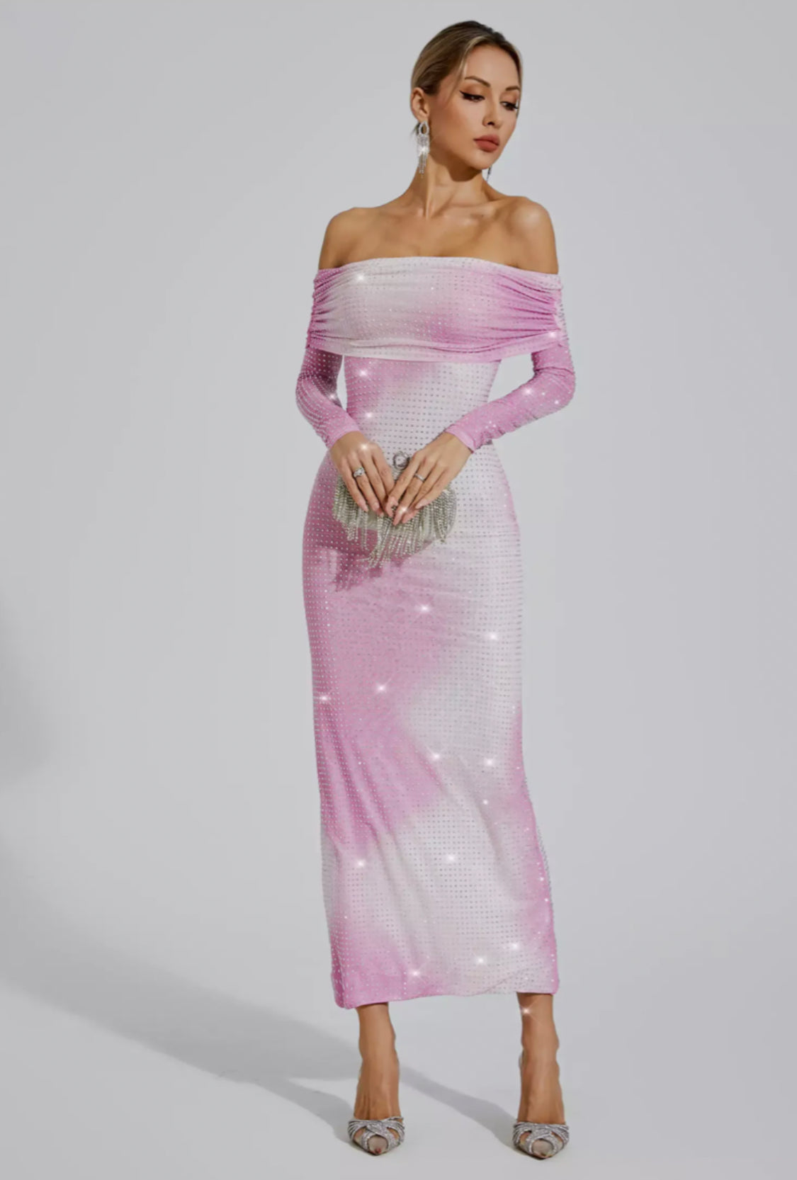 Alondra off shoulder diamond maxi dress