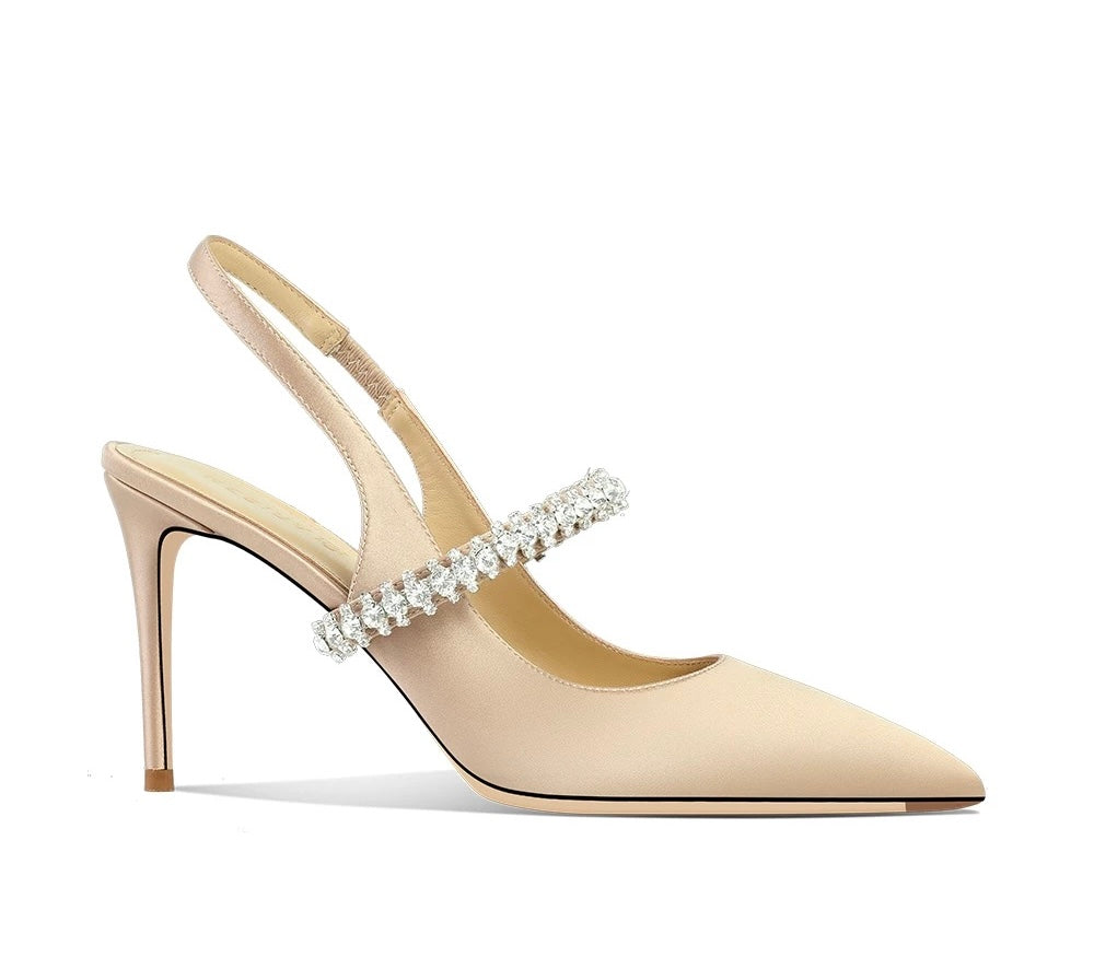 Crystal satin high heels 8cm Beige