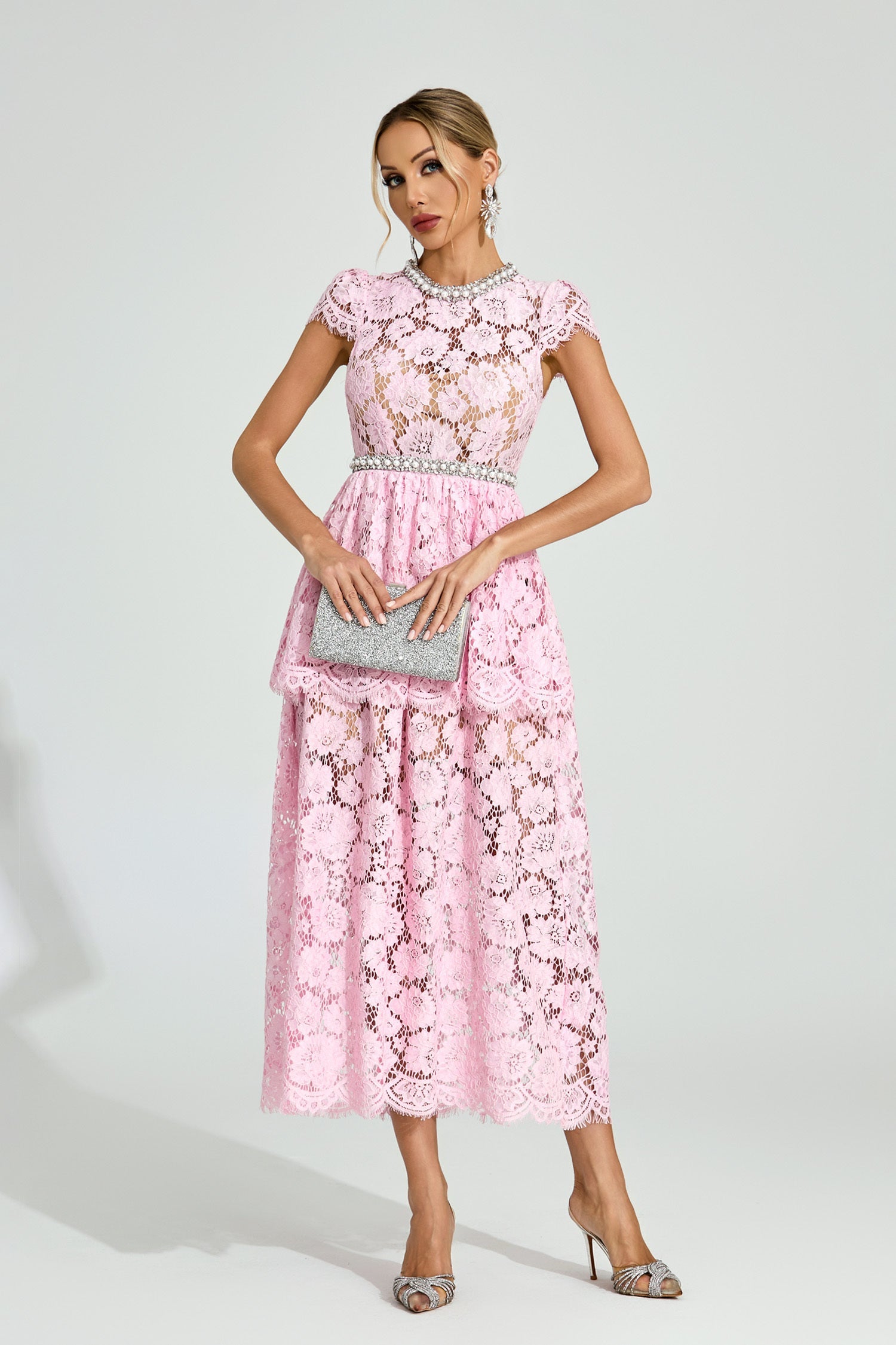 Lila Pink Lace Crystal Trim Midi Dress