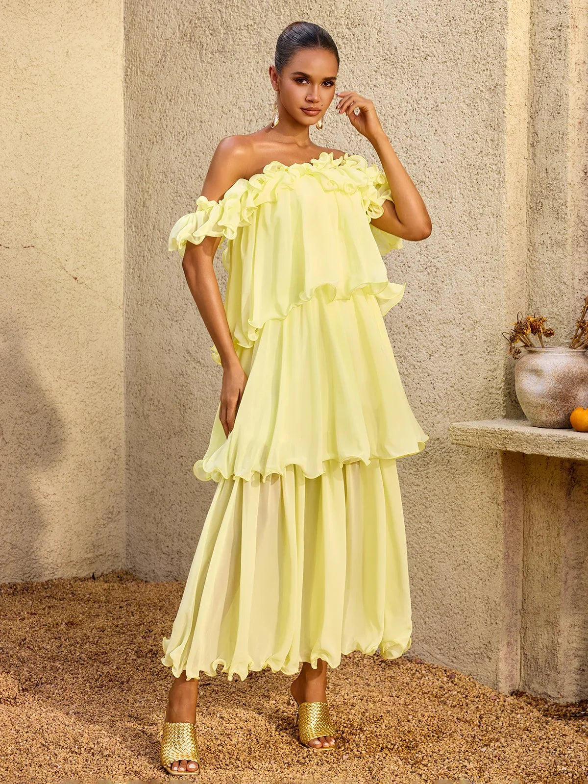 Limoncello Ruffle Chiffon Maxi Dress