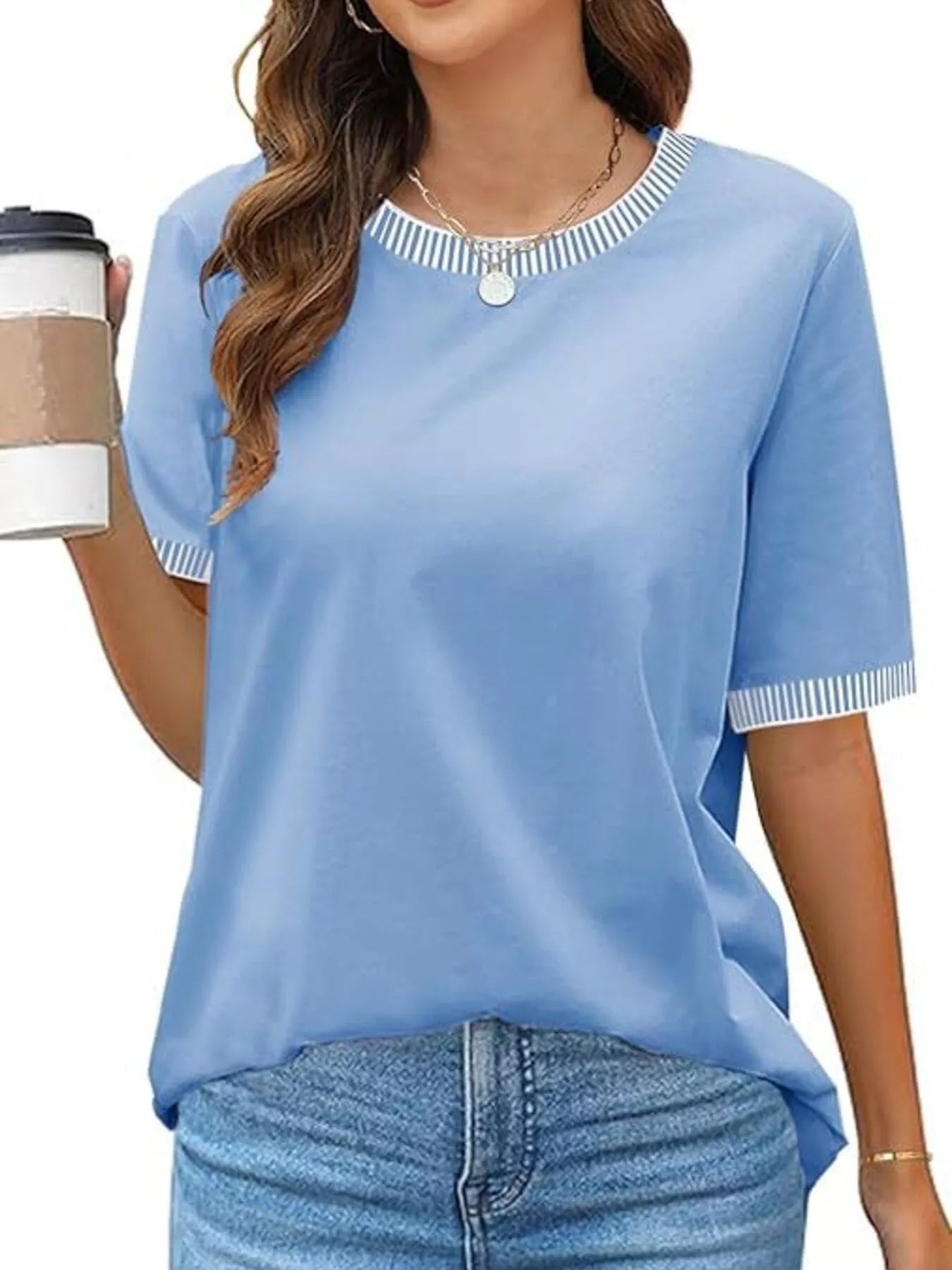 Striped Trim Casual T-Shirt
