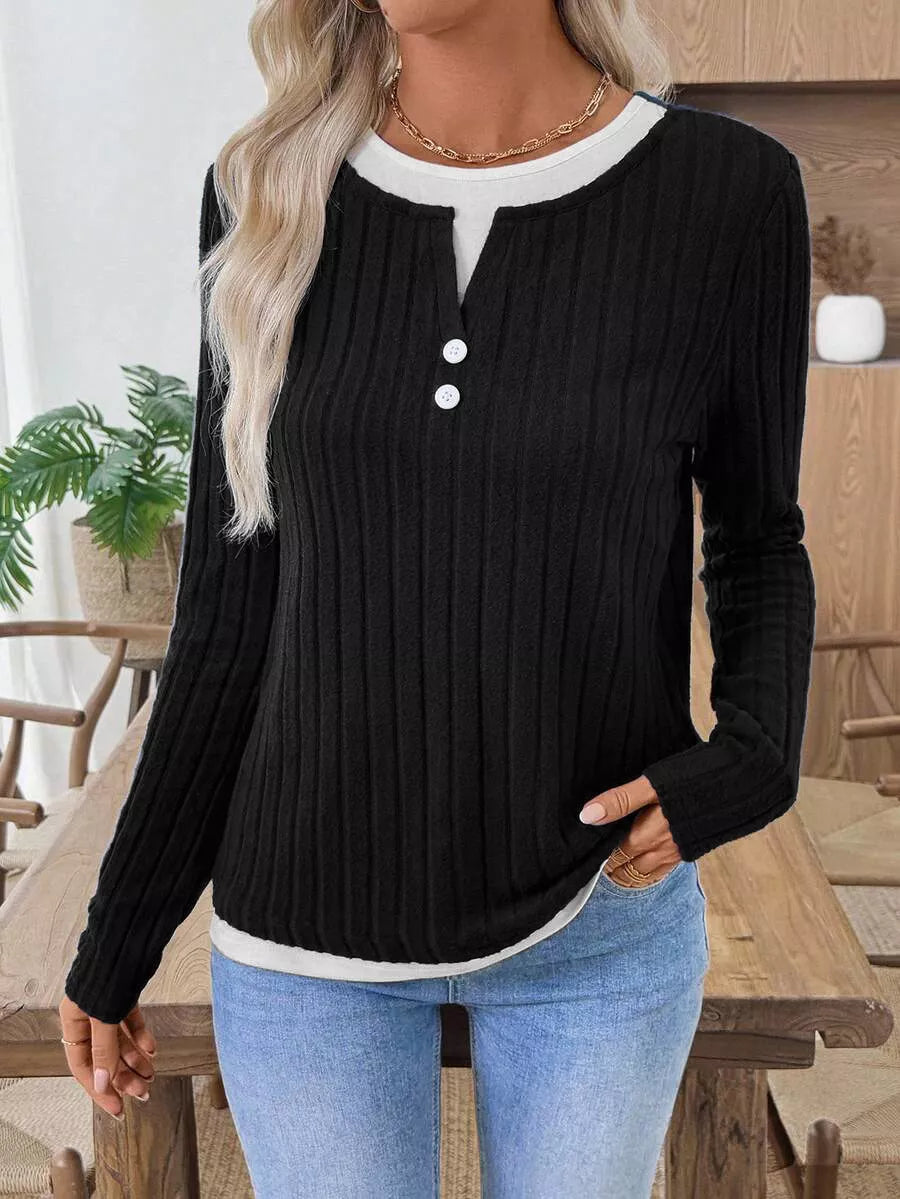 Ribbed Knit Long Sleeve Fake Two-Piece T-Shirt