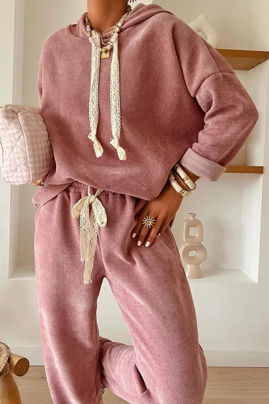 Dusty Pink Lace Detail Dropped Shoulder Hoodie & Pants Set
