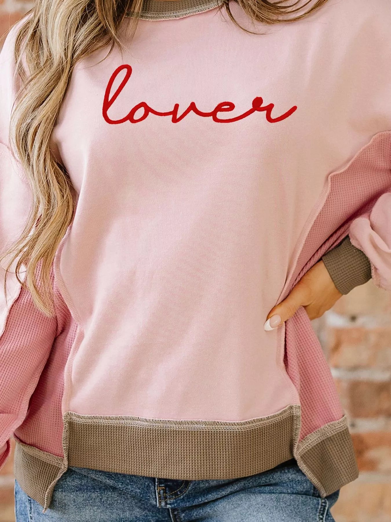 Valentines Color Block Patchwork Lovers Embroidered Letter Sweatshirt