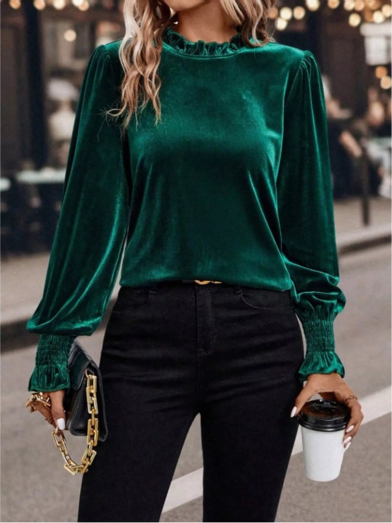 Velvet Ruffle Trim Blouse