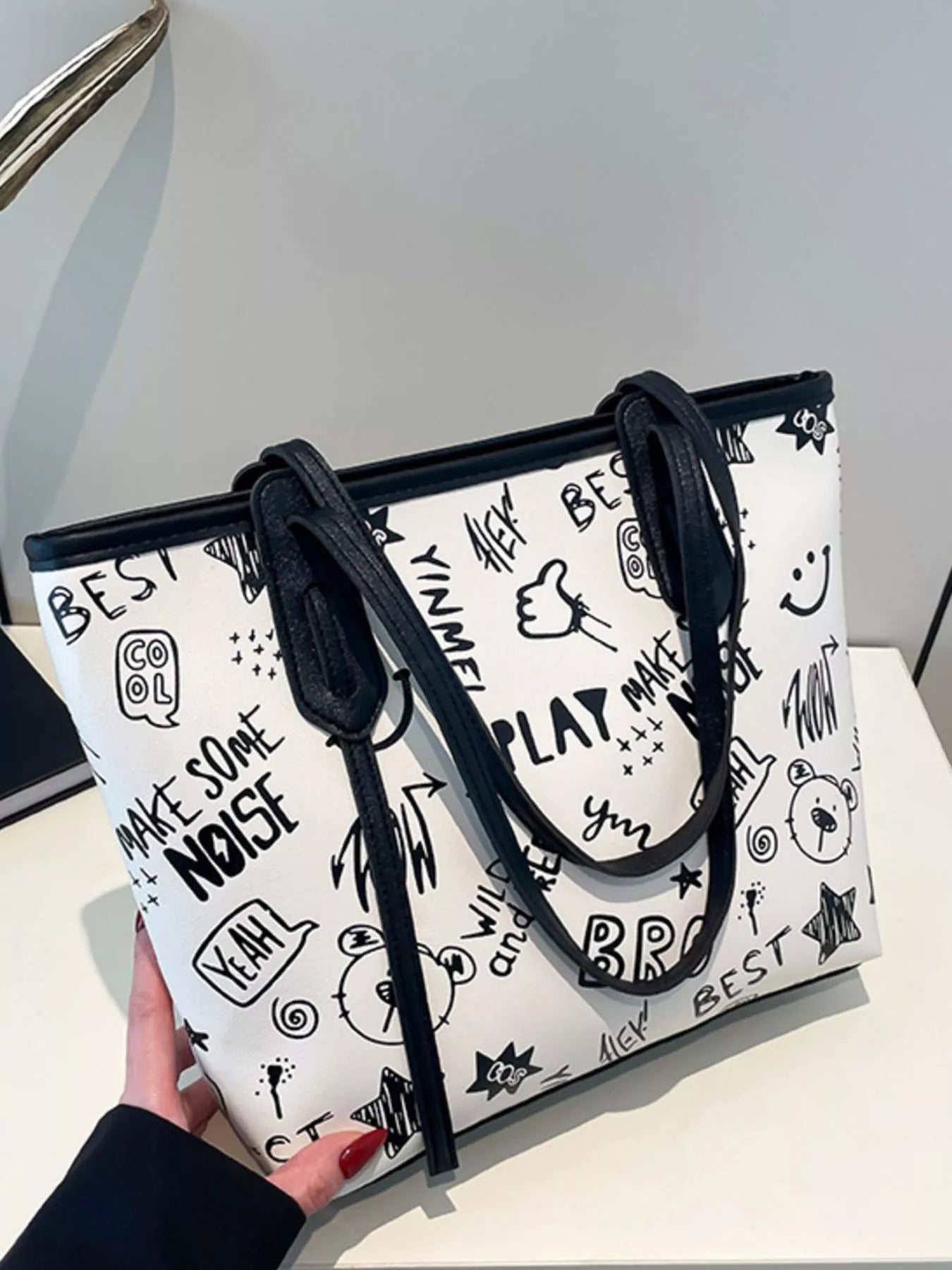 Trendy Graffiti Print Casual Tote Bag – Large Canvas Shoulder Bag for Women
