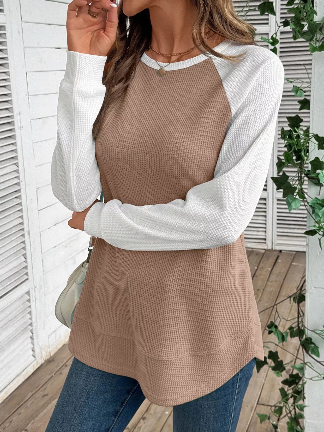 Contrast Raglan Sleeve Waffle Knit T-Shirt