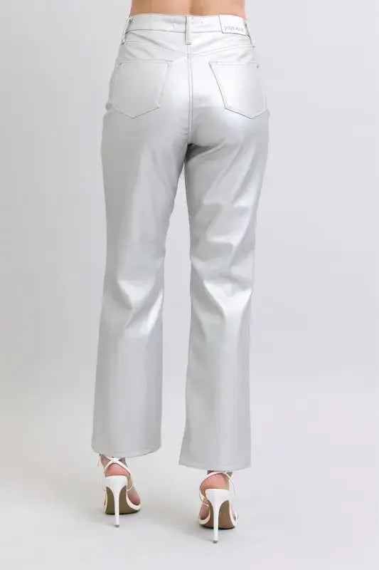 Silver Moon Full Size High Waist Silver Faux Leather Pants Plus Size