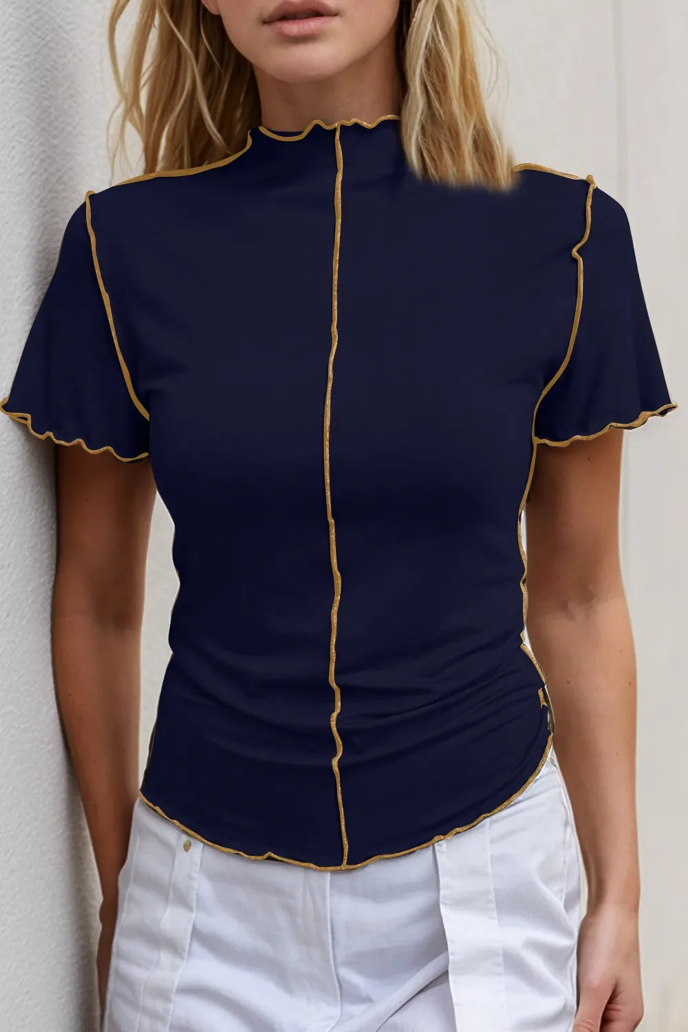Basic Bae Mock Neck Wave Edge Contrast Stitching Ruffle Short Sleeve Tee Dark Navy