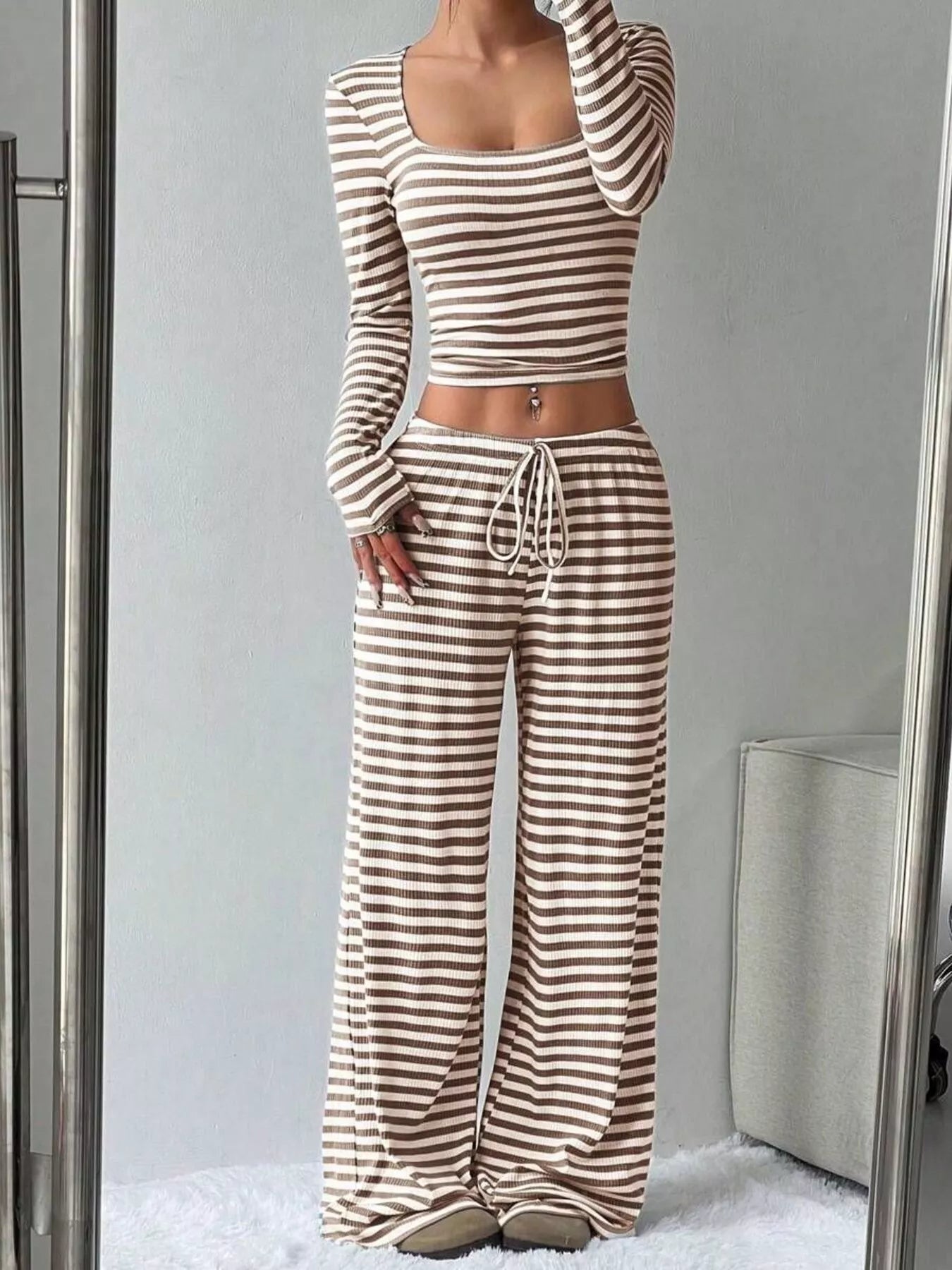Striped Long Sleeve Crop Top & Wide Leg Pants Set