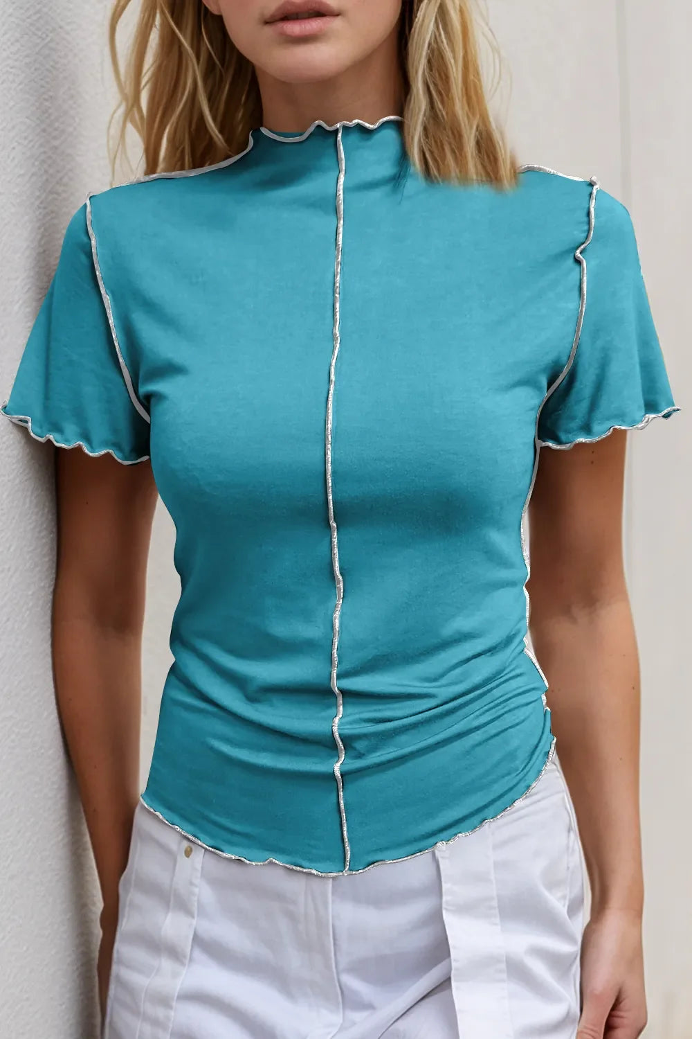 Basic Bae Mock Neck Wave Edge Contrast Stitching Ruffle Short Sleeve Tee