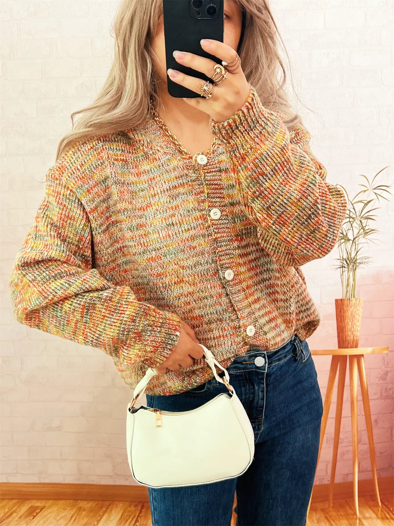 Women’s Multi-Colored Knit Button-Down Cardigan – Cozy Colorblock Sweater