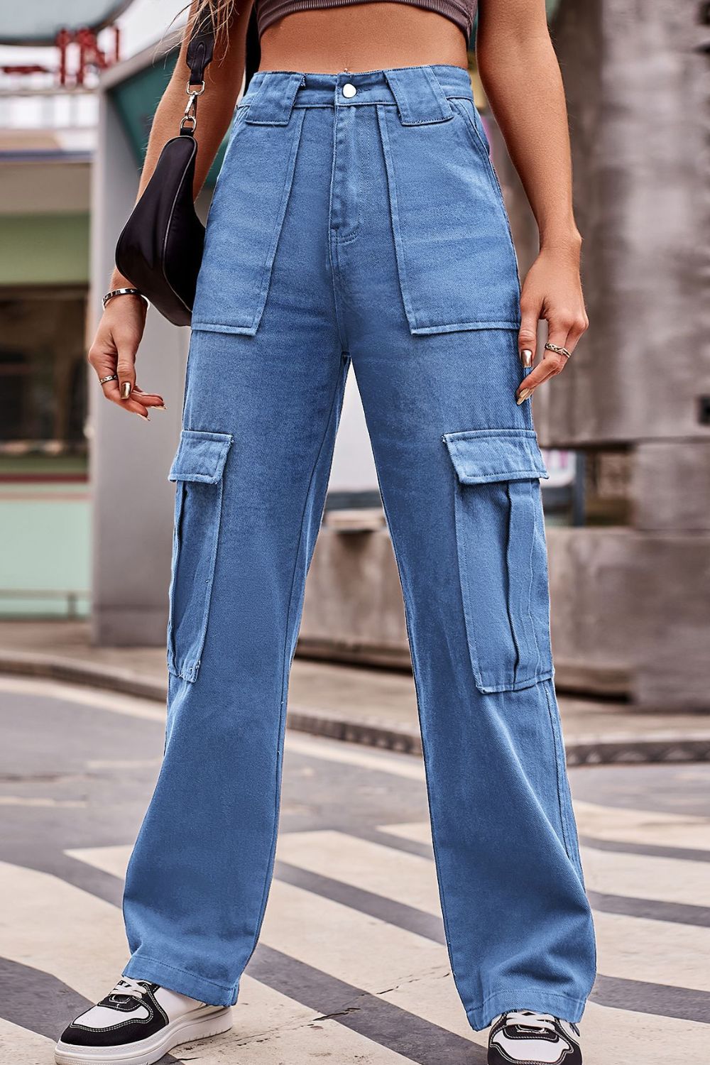 Buttoned High Waist Loose Fit Jeans Dusty Blue