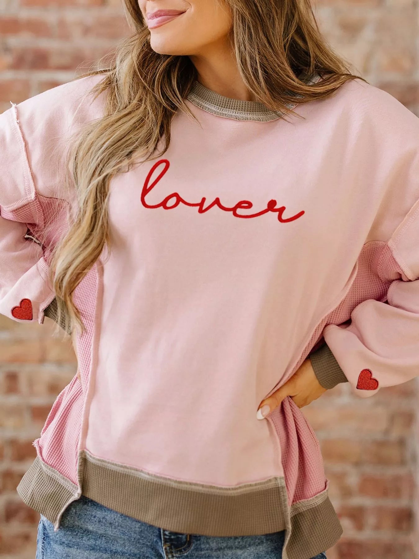 Valentines Color Block Patchwork Lovers Embroidered Letter Sweatshirt