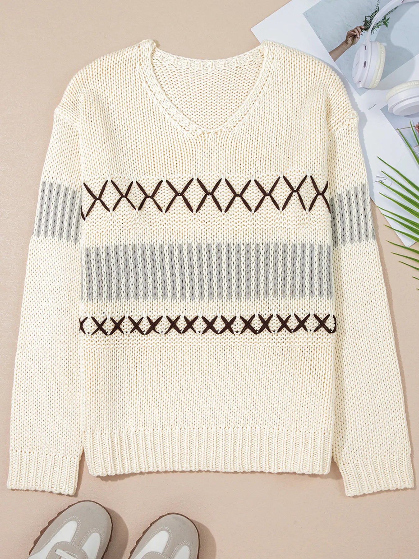 Contrast Stitch Detail V Neck Drop Shoulder Sweater