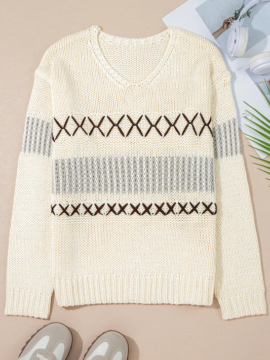 Contrast Stitch Detail V Neck Drop Shoulder Sweater