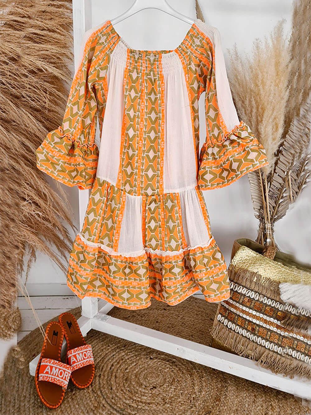 Lockeres Minikleid aus Leinenmischung mit ethnischem Print und schulterfreiem Schnitt