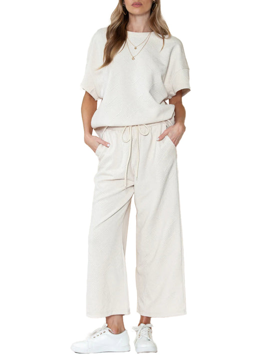⏰Hot Sale-Women's Textured Loose Fit T Shirt and Drawstring Pants Casual Set (Buy 2 Free Shipping)